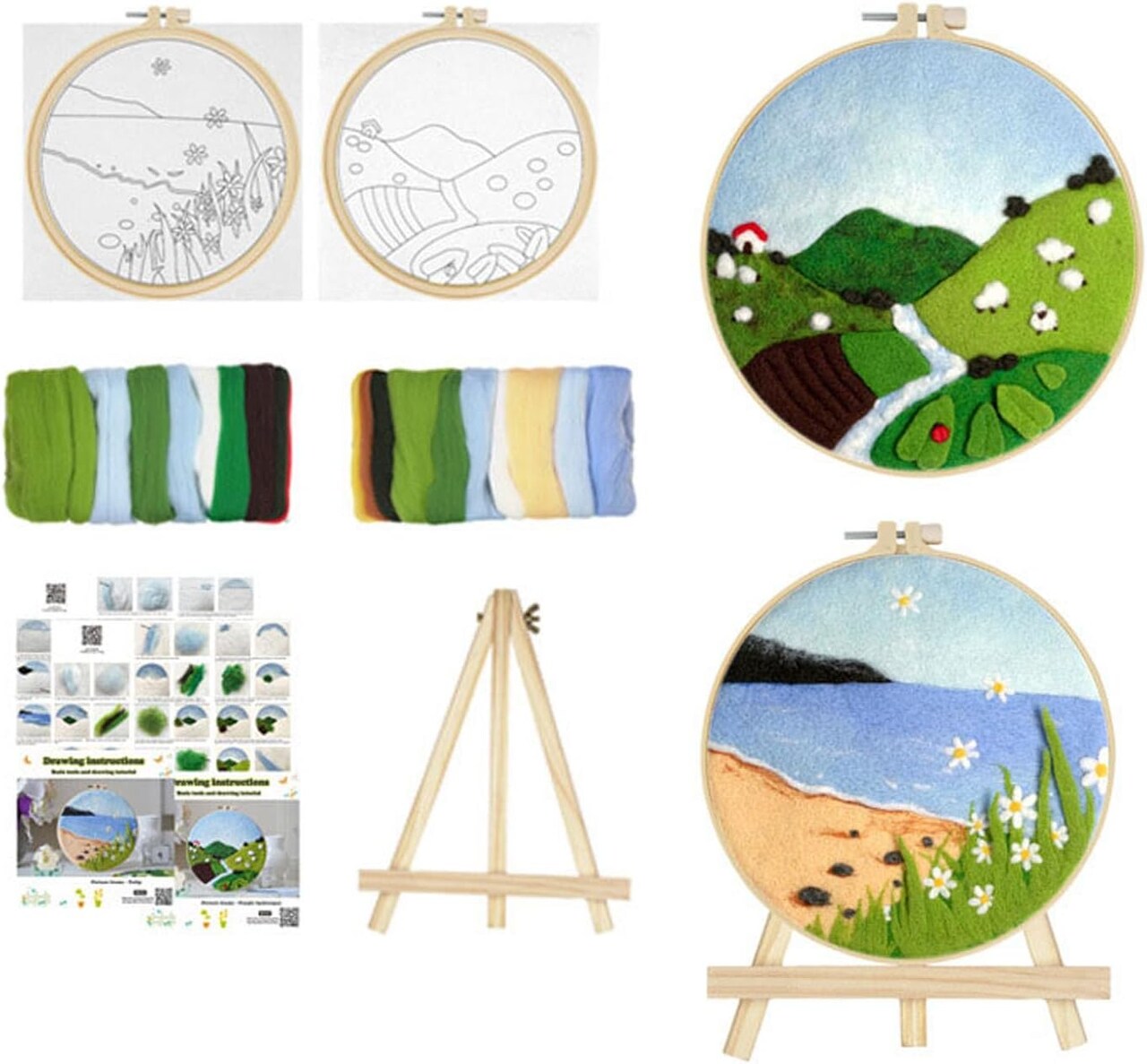 2 Pack Needle Felting Kit,Felt Painting Kit for Beginners, DIY Craft Kit with Picture Frame,Felted Fabric,Wool,Needle,Foam Pad and Instructions for Home Decoration (Mountain&Beach)